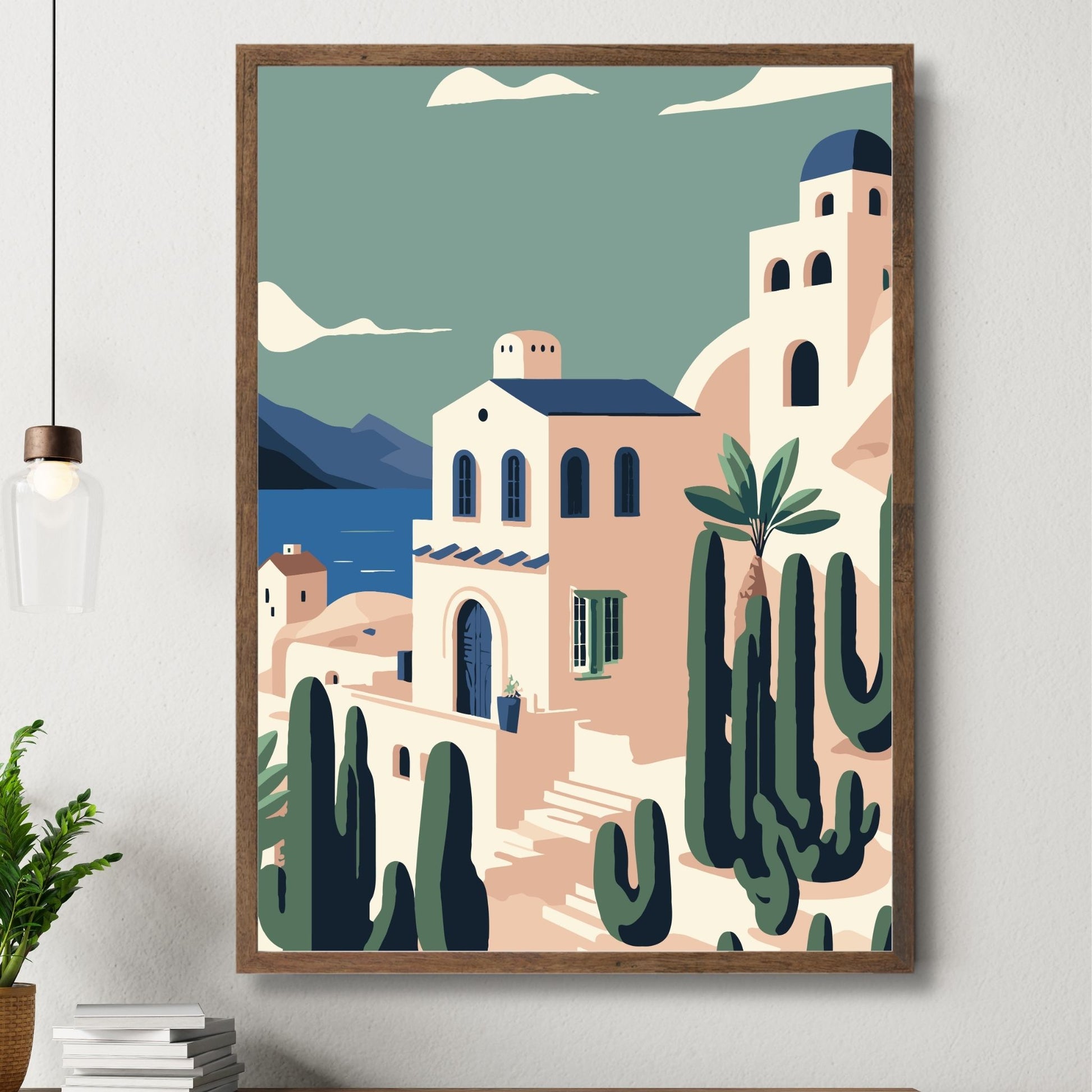 Opplev den tidløse skjønnheten av Santorini med vår eksklusive serie av grafiske plakater og lerret. Illustrasjon viser motivet som plakat i brun ramme.