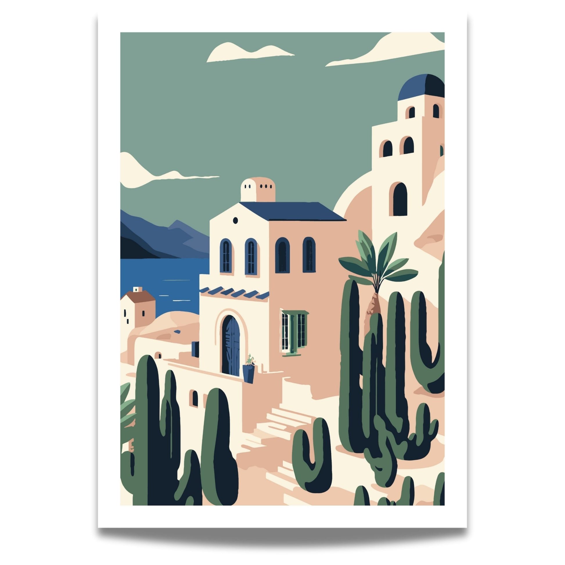 Opplev den tidløse skjønnheten av Santorini med vår eksklusive serie av grafiske plakater og lerret.