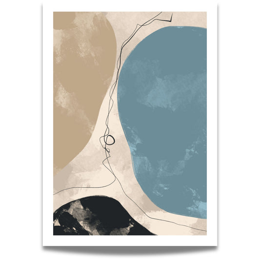Serene Shores, en abstrakt kunstplakat inspirert av naturens organiske former. De myke, naturlige tonene av sand, hav og stein skaper en harmonisk balanse.