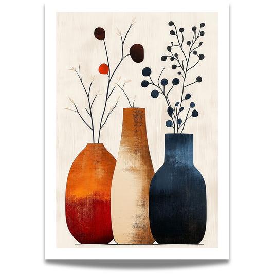 Earth Elegance - tre blomstervaser med en fargerik palett av brente jordtoner og kontrasterende blått tilfører dette kunstverket en tidløs varme til interiøret ditt.
