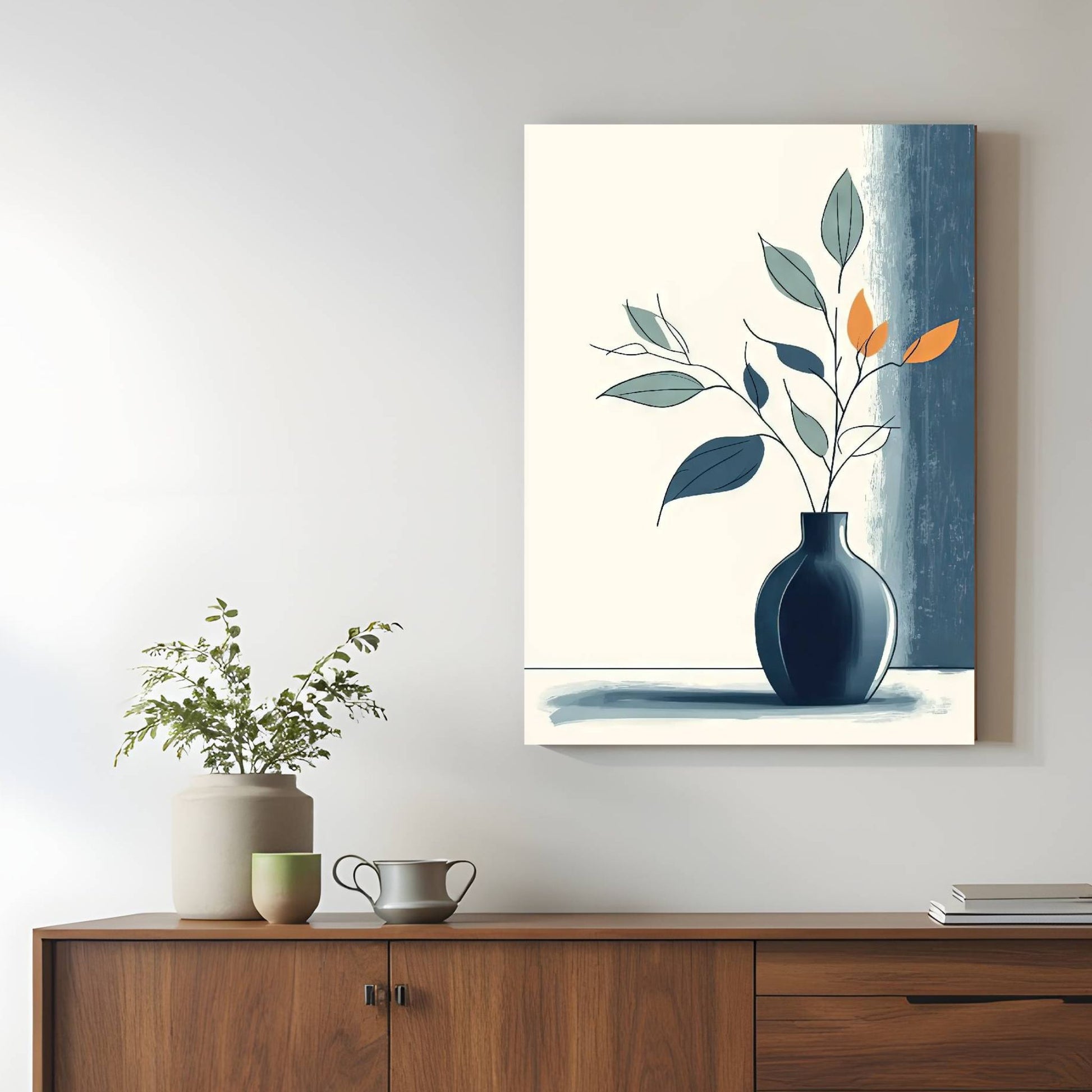 Midnight Bloom, et elegant kunstverk med dempede blåtoner og subtile kontraster. Illustrasjon viser motivet på lerret.