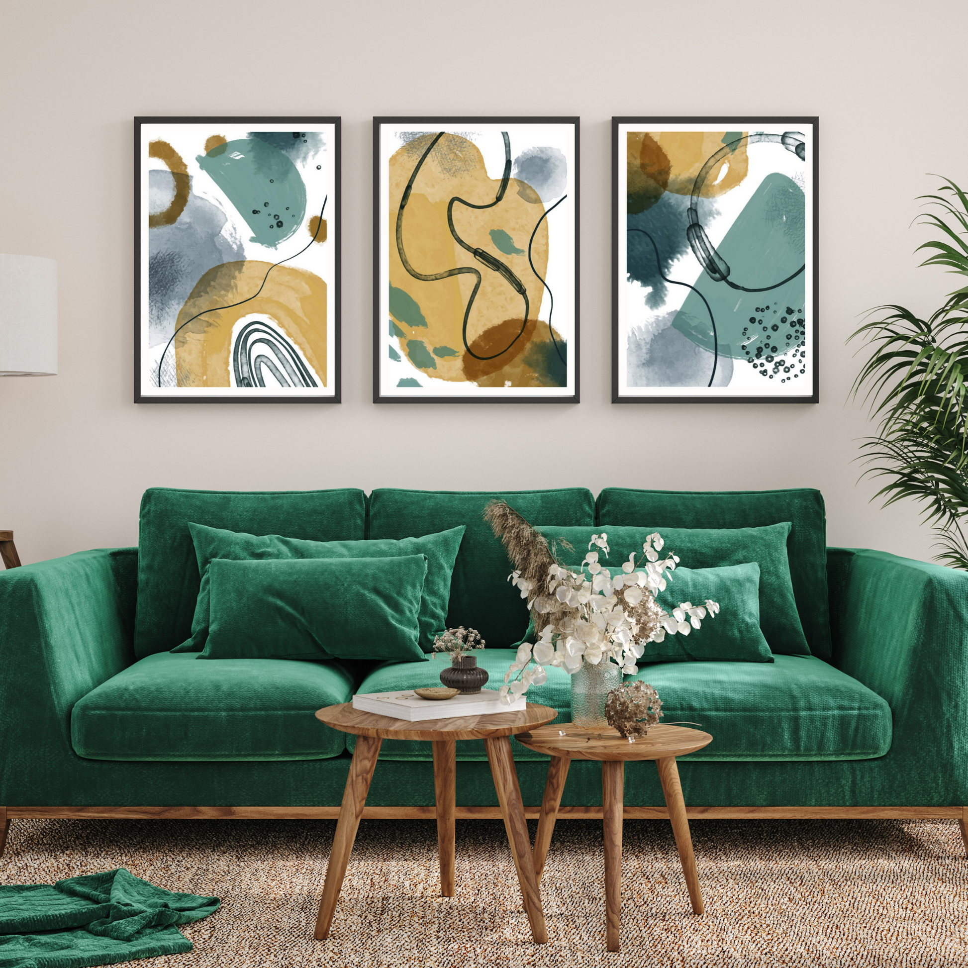 Grafisk kunst med abstrakt mønster serie 7. Fargenyanser i sort, hvit, blå, oker og grønn..