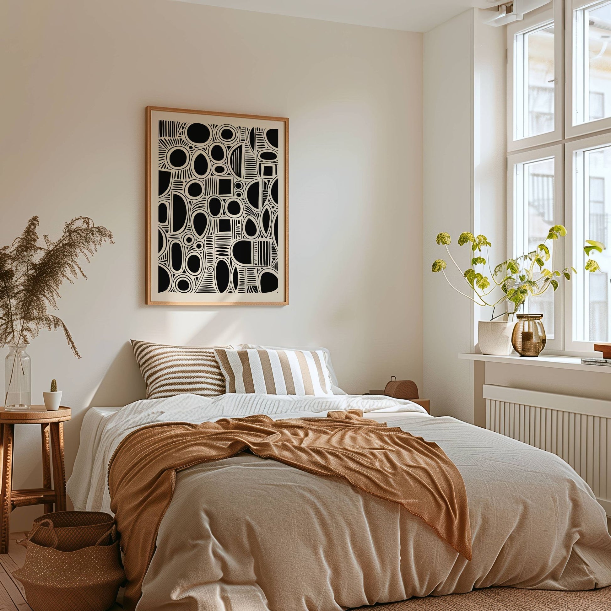 Shape Flow kombinerer flytende former og presise linjer i et abstrakt design som oser av balanse og rytme. Illustrasjon viser motiv med smal kant i eik ramme.