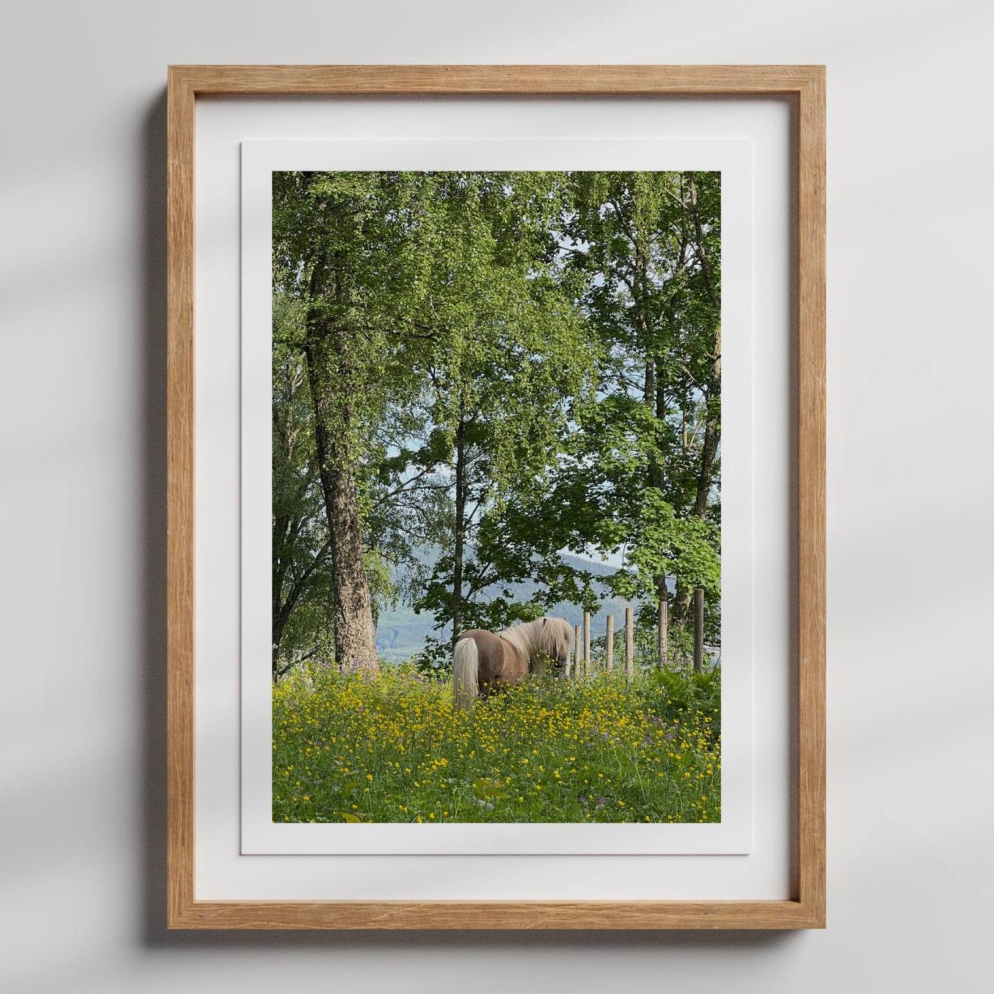 Sigridstien – Hest i Blomstereng er et romantisk og levende motiv av en hest omgitt av markblomster i full blomst. Illustrasjon viser motivet med hvit kantlinje i eik ramme.