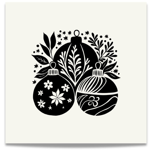 Denne stilrene plakaten er inspirert av skandinavisk minimalisme og klassisk julepynt, med detaljerte illustrasjoner som gir en følelse av ro og vinterens magi. 