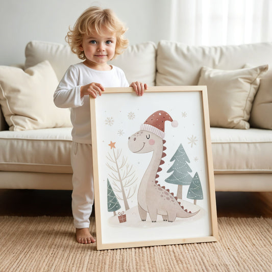 små julevenner – dinosaur med nisselue og julegave. illustrasjon viser et barn som holder plakaten i eik ramme.