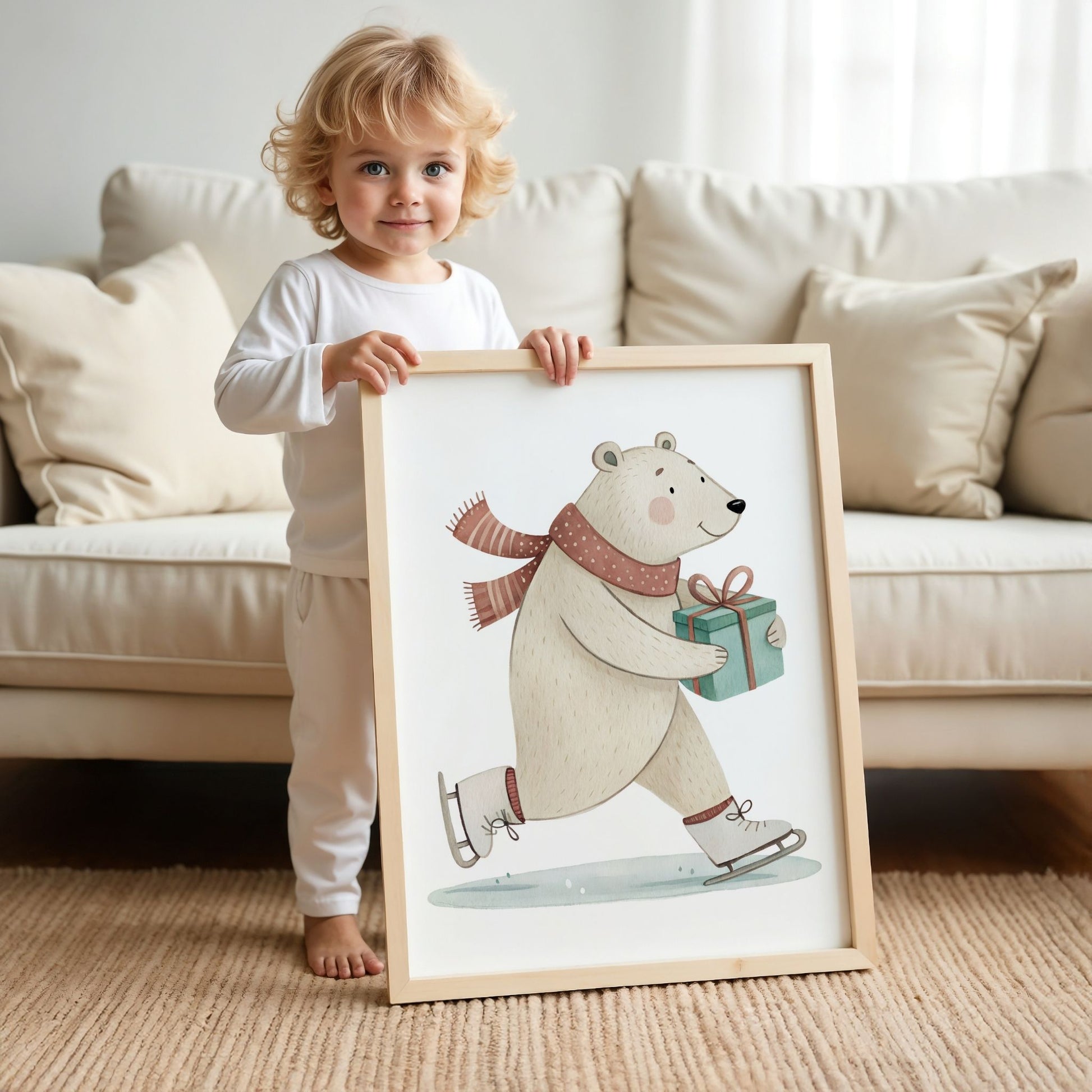 små julevenner – isbjørn på skøyter med grønn pakke. illustrasjon viser et barn som holder plakat i eik ramme
