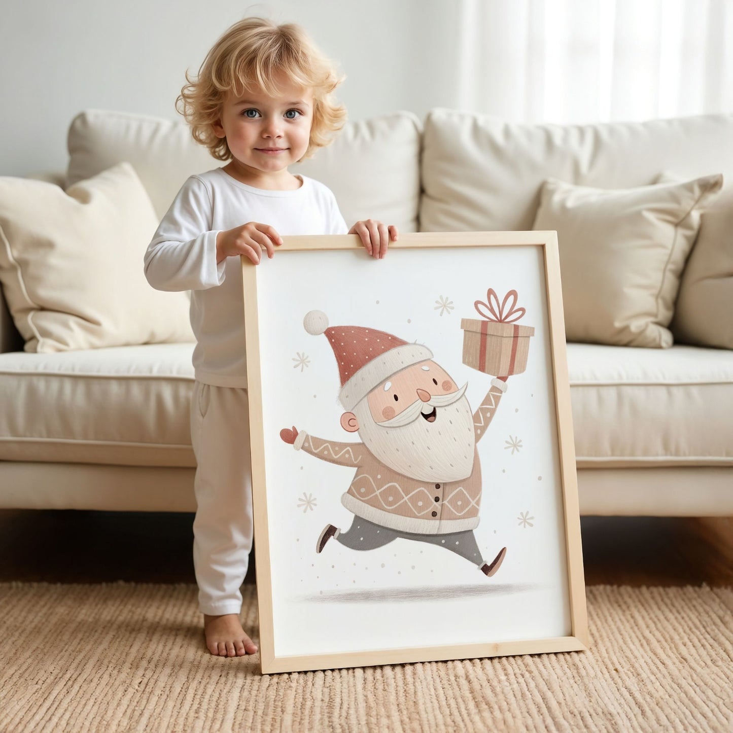 små julevenner – nisse løfter gave med glede. illustrasjon viser et barn som holder plakaten i en eik ramme