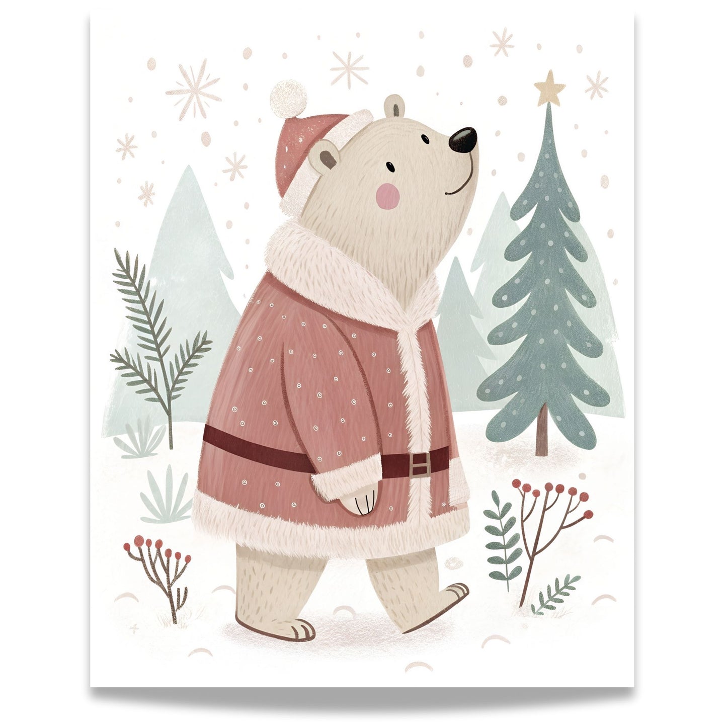 små julevenner – bjørn i nissedrakt i vinterskog