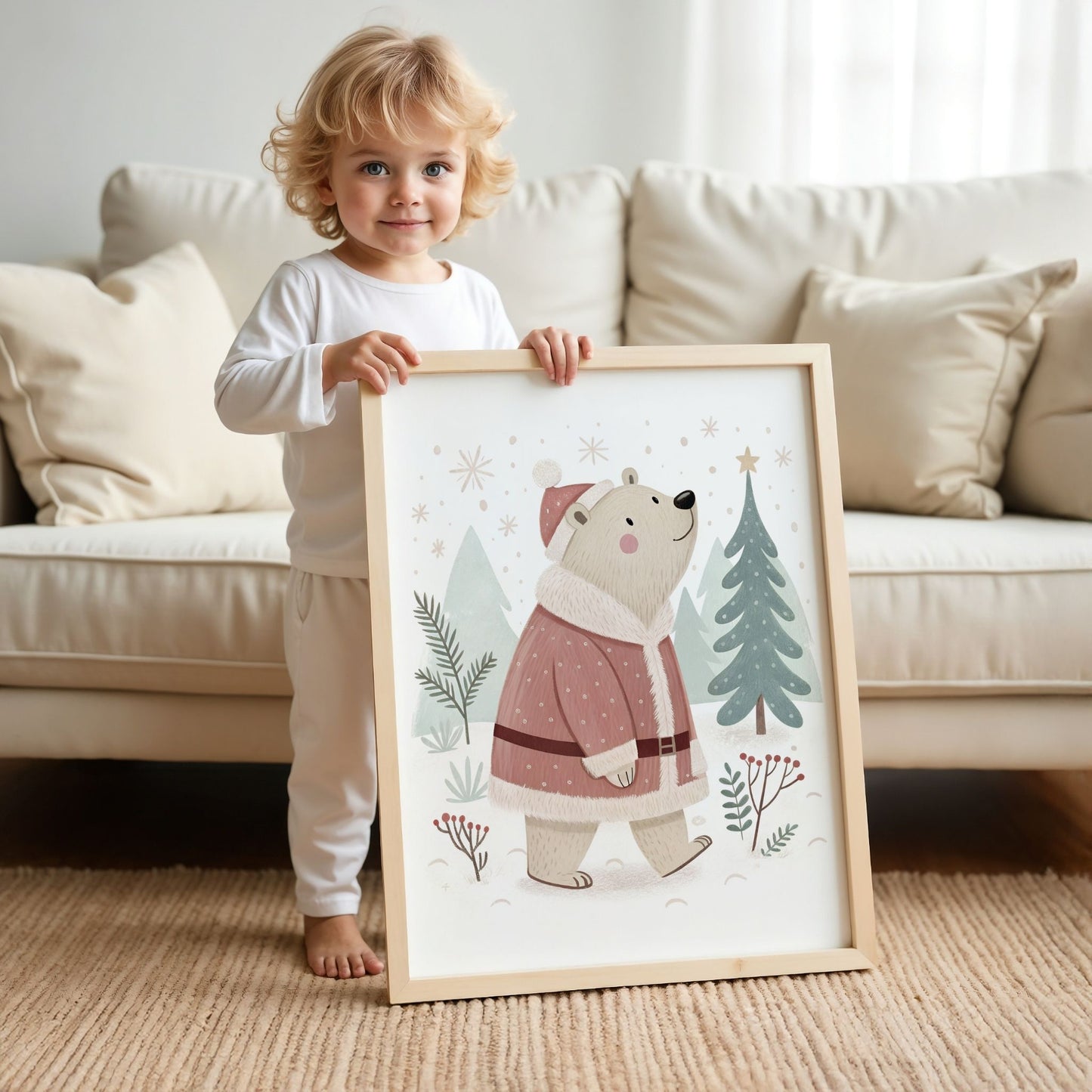 små julevenner – bjørn i nissedrakt i vinterskog. illustrasjon viser en gutt som holder plakat i eik ramme  