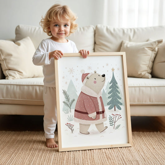 små julevenner – bjørn i nissedrakt i vinterskog. illustrasjon viser en gutt som holder plakat i eik ramme  
