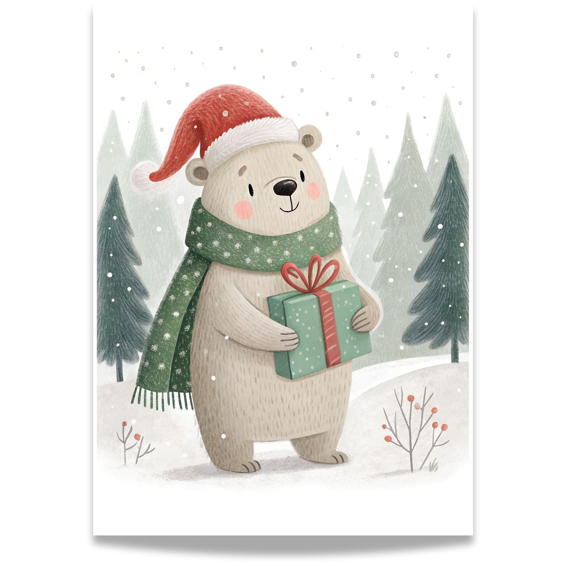 små julevenner – bjørn i nisselue med grønn gave