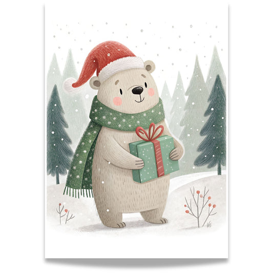 små julevenner – bjørn i nisselue med grønn gave