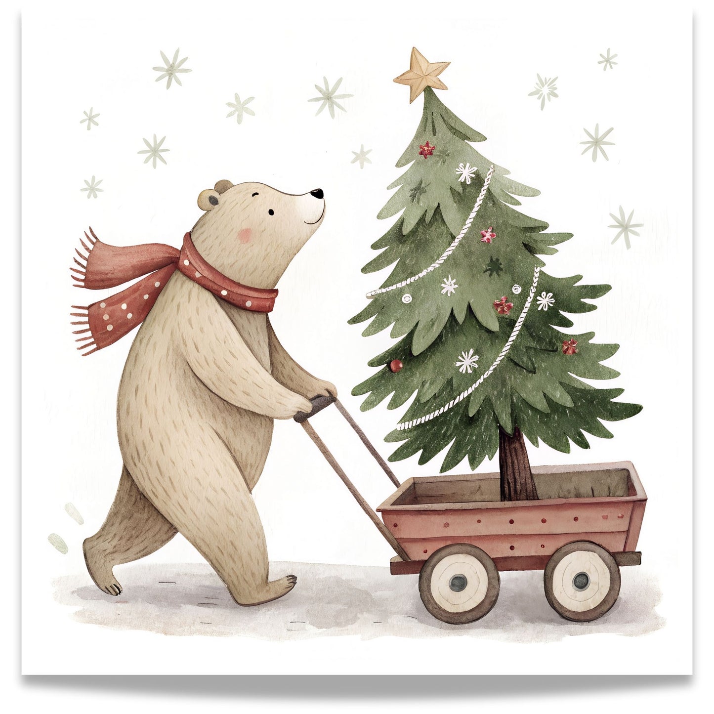 små julevenner – bjørn trekker juletre på vogn
