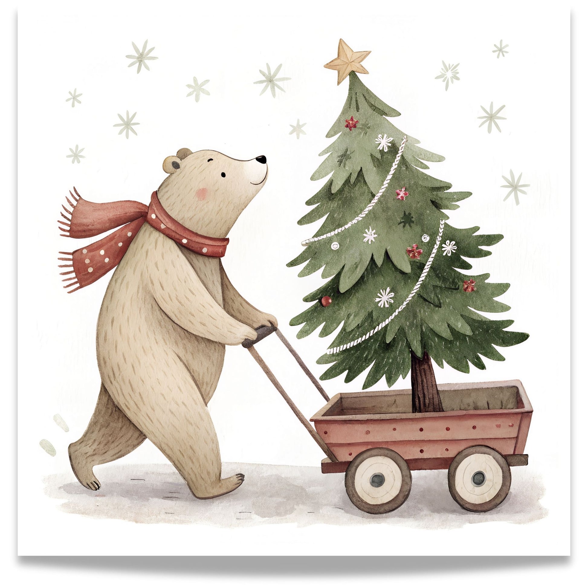små julevenner – bjørn trekker juletre på vogn