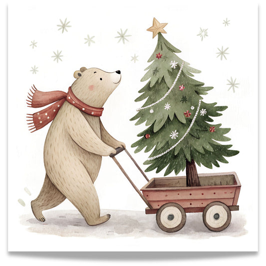 små julevenner – bjørn trekker juletre på vogn