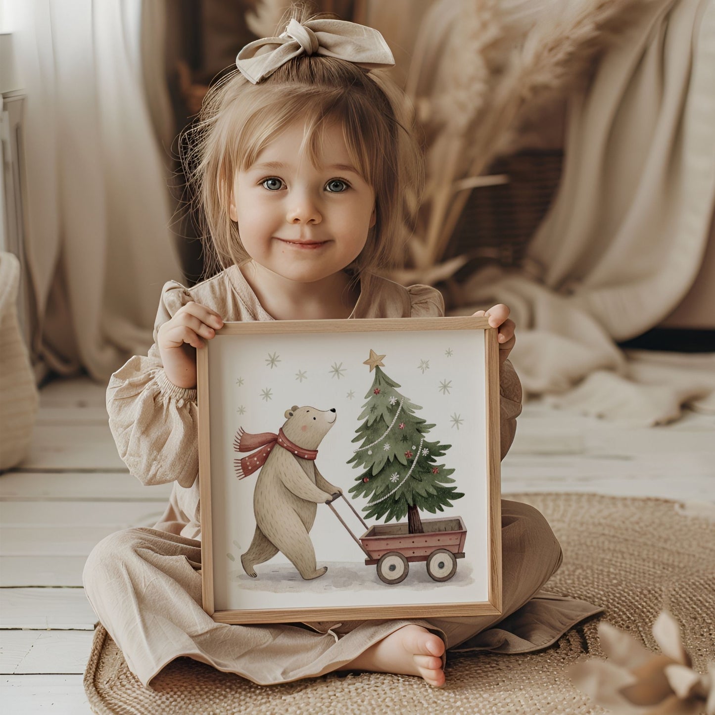 små julevenner – bjørn trekker juletre på vogn. illustrasjon viser plakaten i eik ramme som holdes av en jente