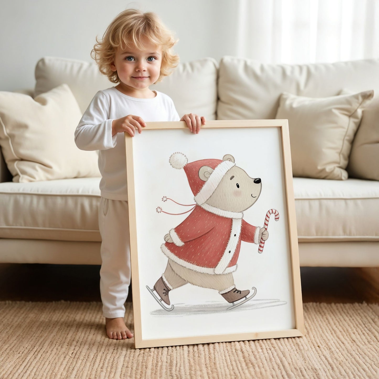 små julevenner – illustrasjon viser bjørn på skøyter med sukkertøystav i eik ramme