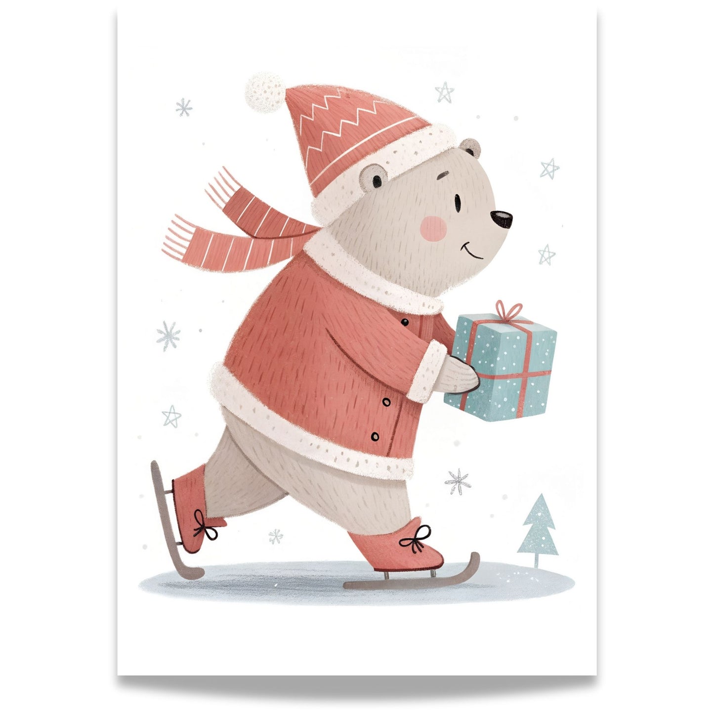små julevenner – bjørn på skøyter i rød drakt med gave