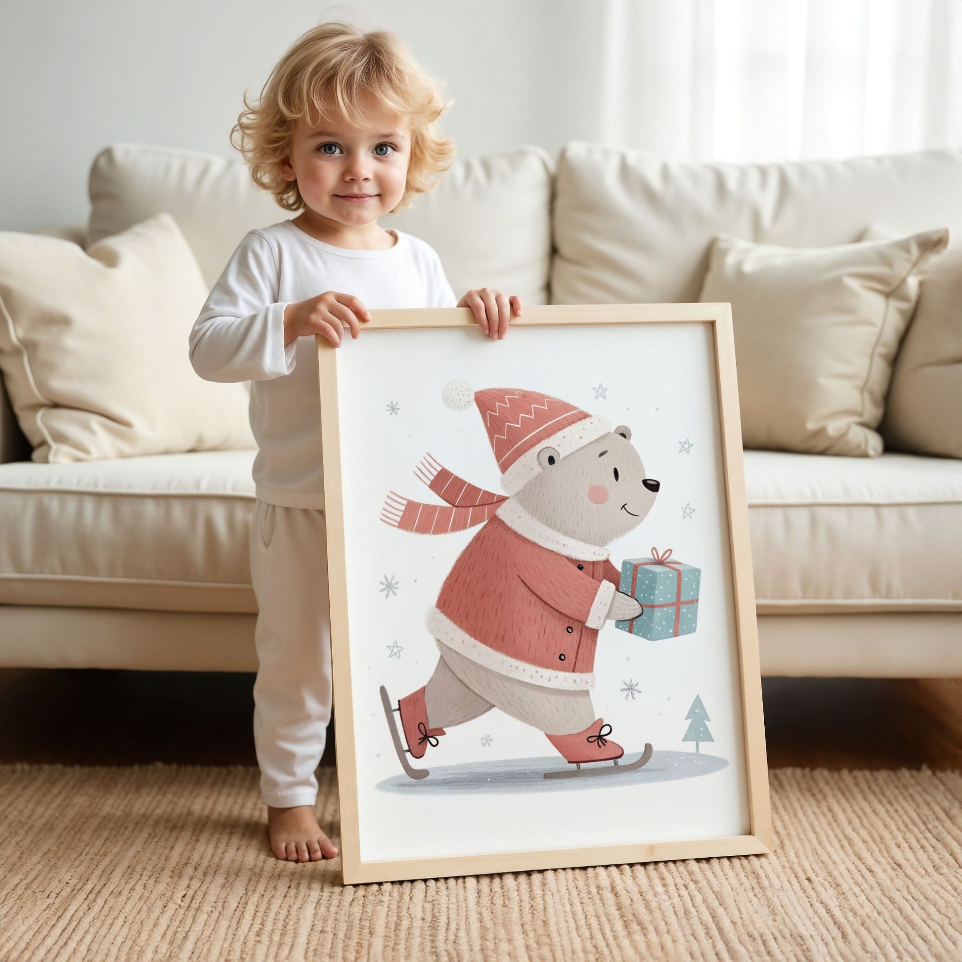 små julevenner – bjørn på skøyter i rød drakt med gave. Illustrasjon viser et barn som holder plakat i eik ramme 