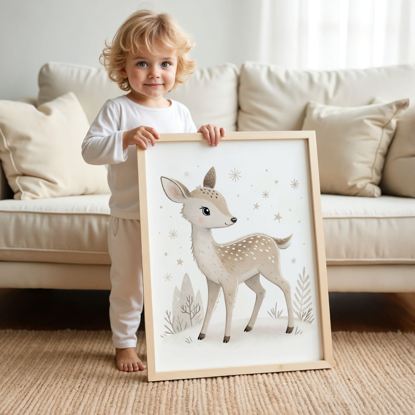 små julevenner – dådyr i vinterskogen. illustrasjonen viser et barn som holder plakaten i eik ramme.