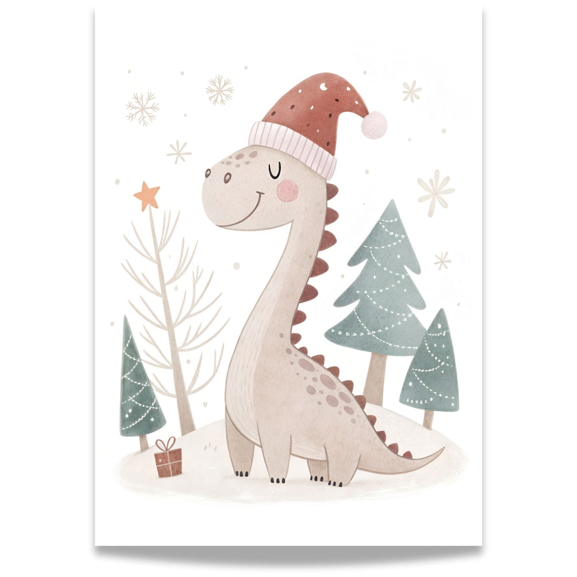 små julevenner – dinosaur med nisselue og julegave