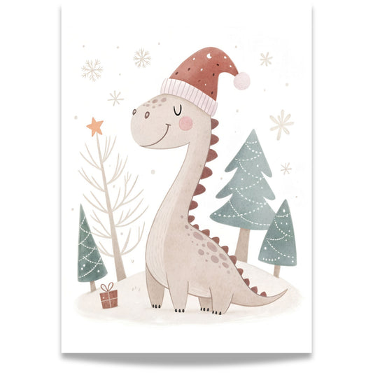 små julevenner – dinosaur med nisselue og julegave