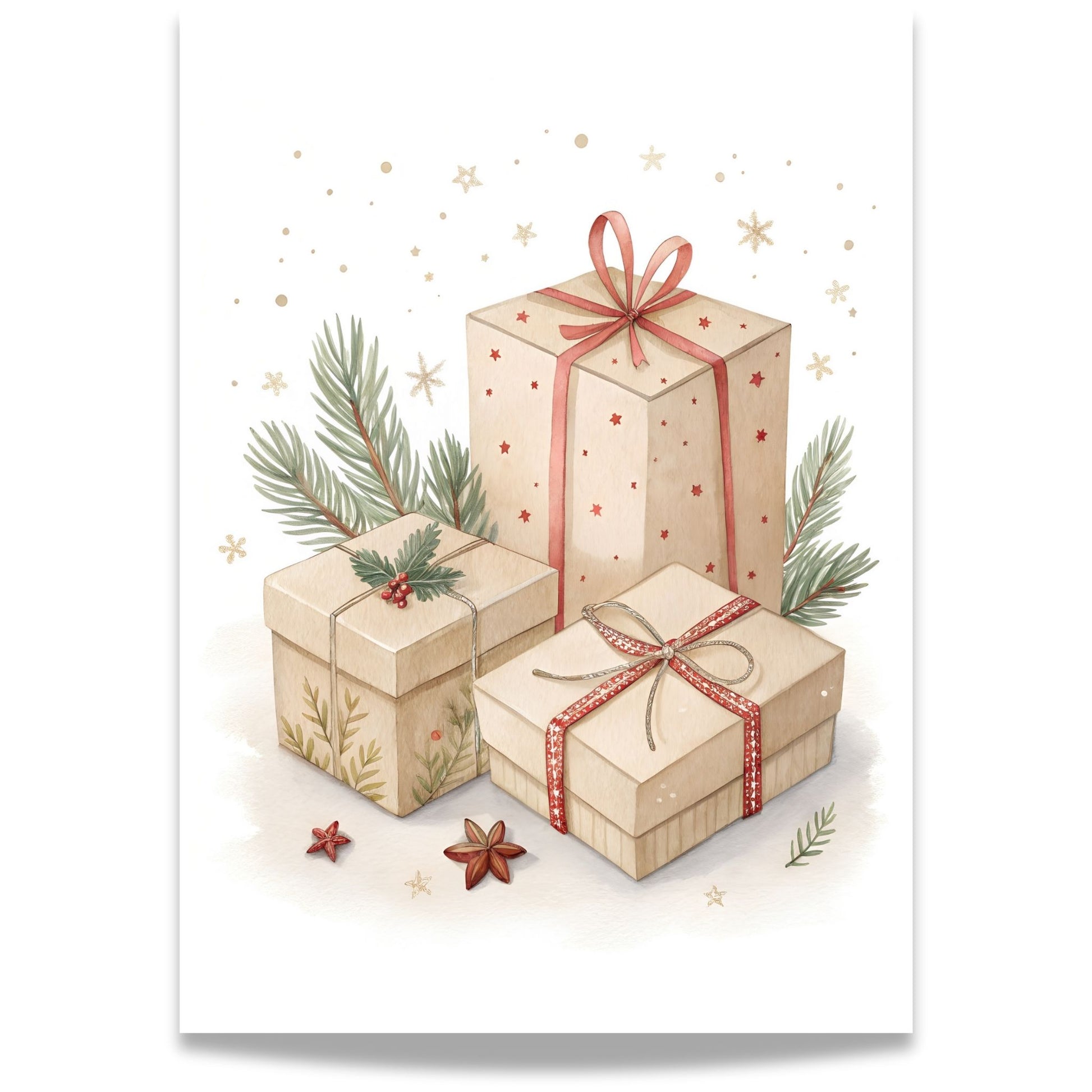 små julevenner – julegaver med røde bånd og granbar