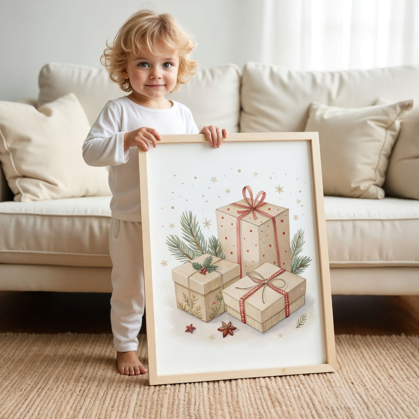 små julevenner – julegaver med røde bånd og granbar. illustreasjon vier et barn som holder plakat i eik ramme