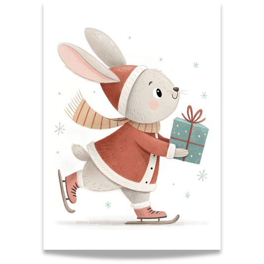 små julevenner – hare på skøyter med blå gave