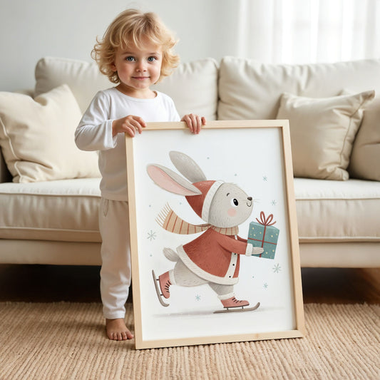 små julevenner – hare på skøyter med blå gave. illustrasjon viser et barn som holder plakat i eik ramme