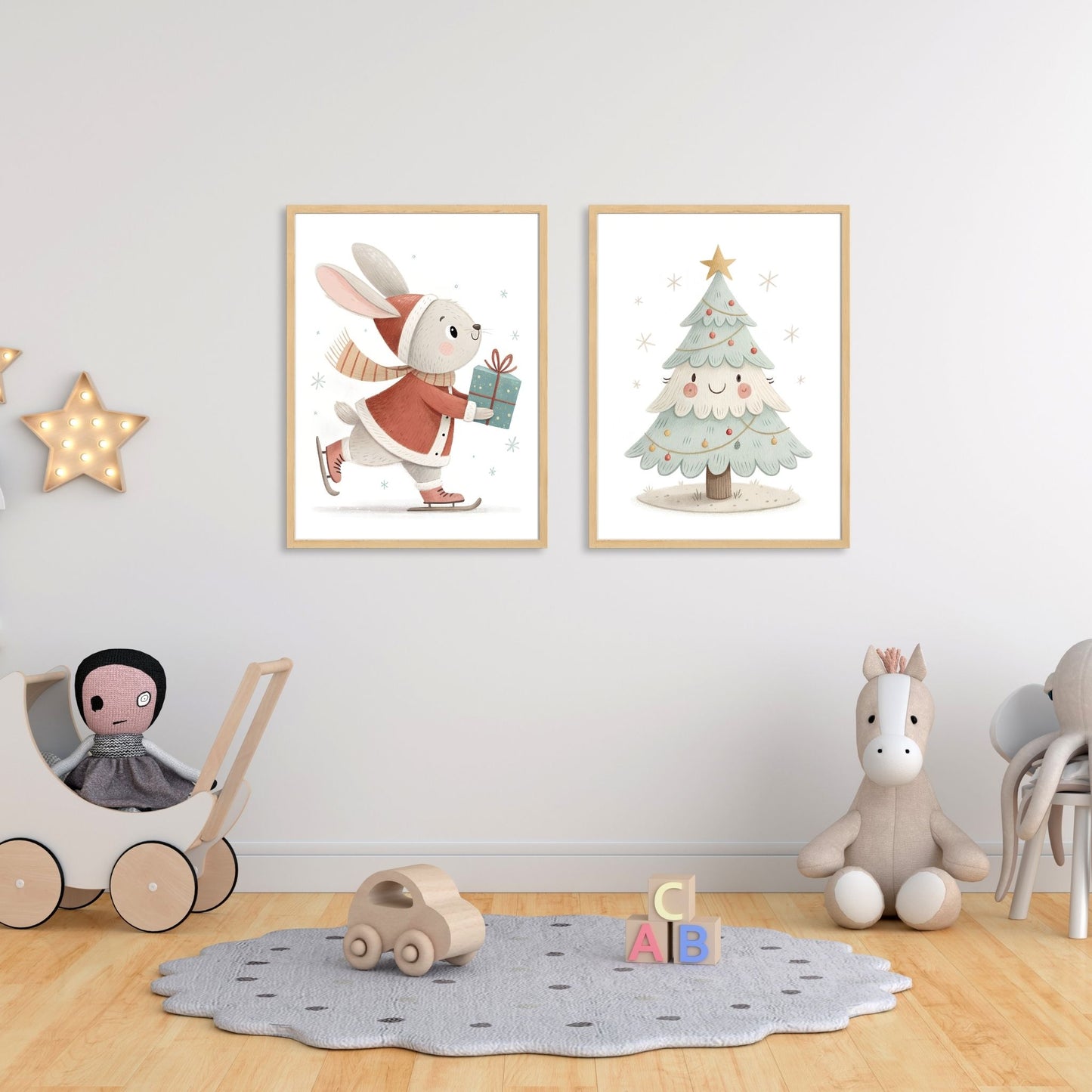 små julevenner – hare på skøyter med blå gave og et juletre i eik rammer på at barnerom