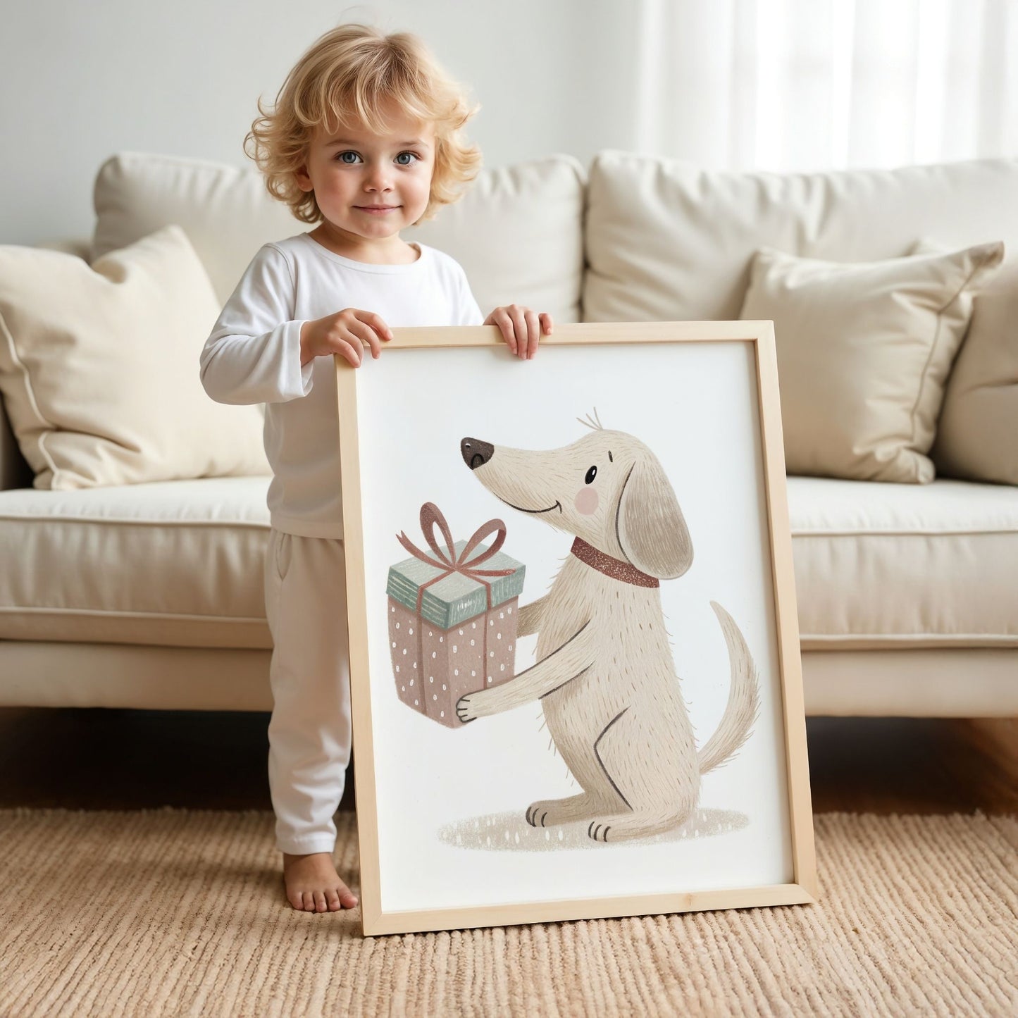 små julevenner – hund med gave. illustrasjon viser et barn som holder plakaten i eikeramme.