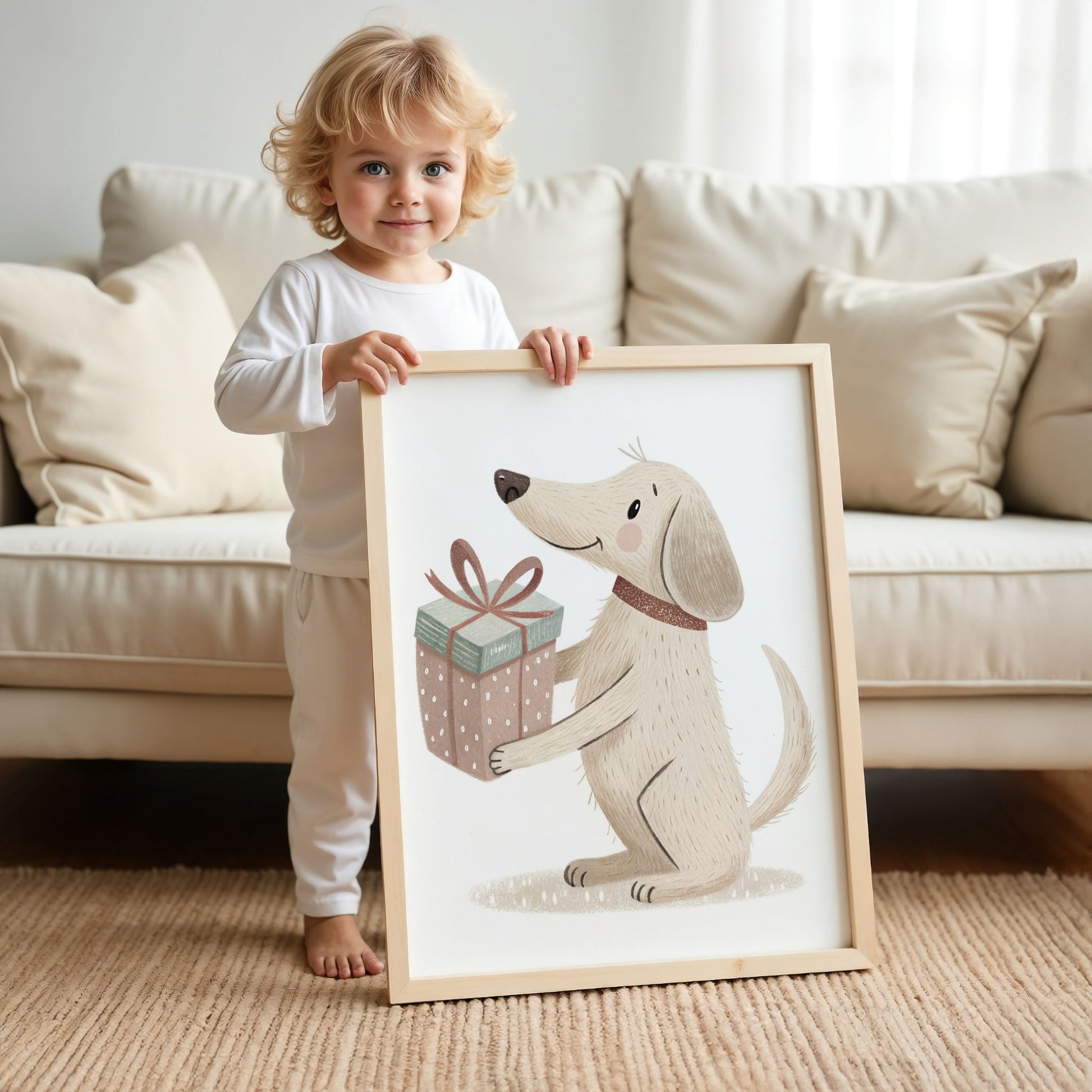 små julevenner – hund med gave. illustrasjon viser et barn som holder plakaten i eikeramme.