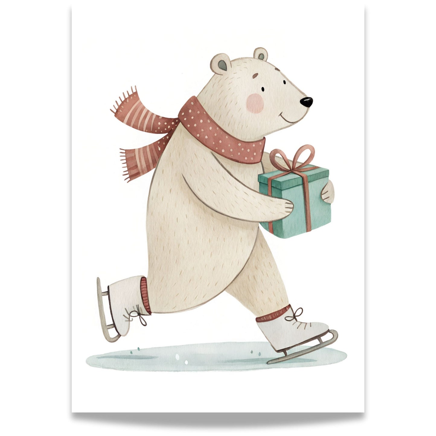 små julevenner – isbjørn på skøyter med grønn pakke