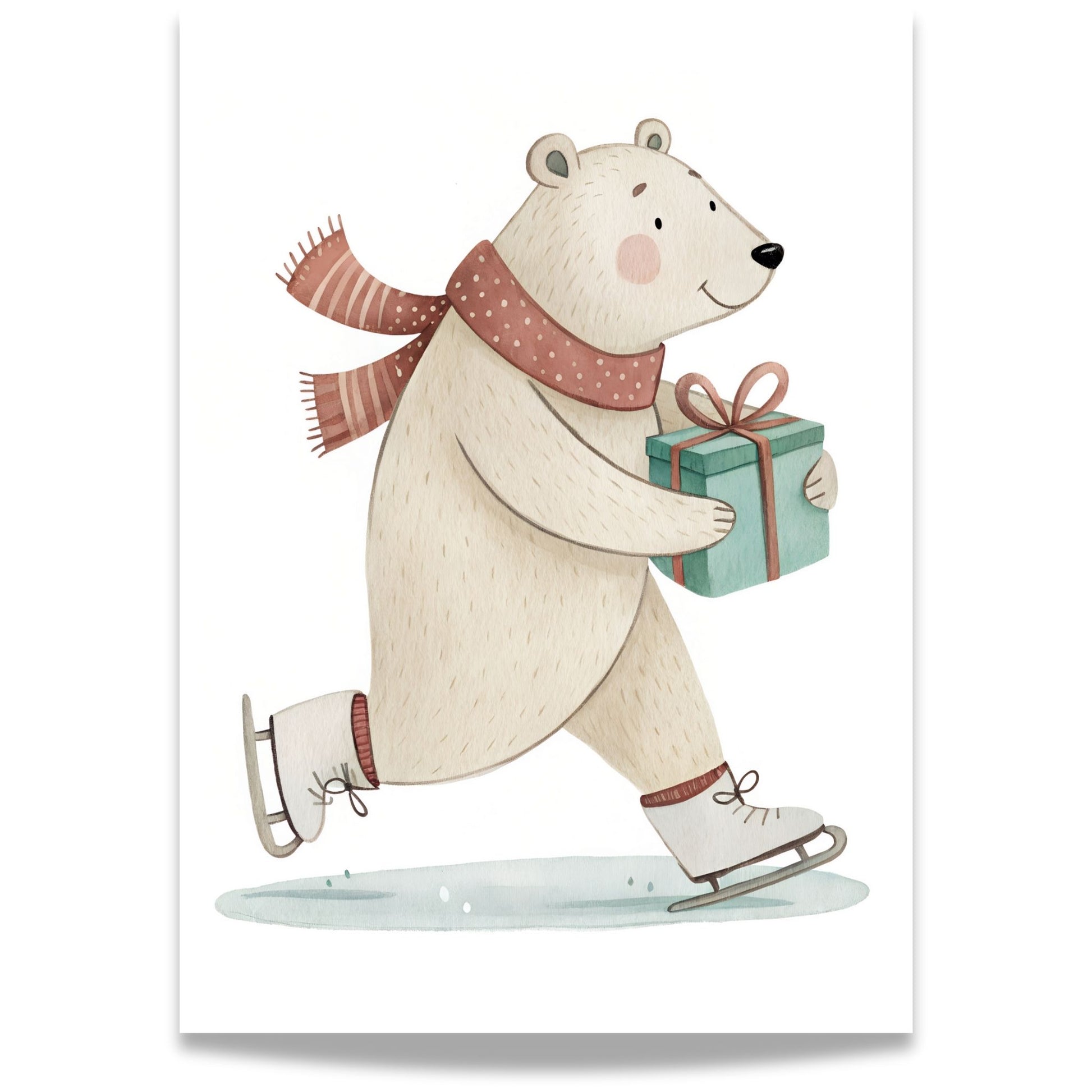 små julevenner – isbjørn på skøyter med grønn pakke