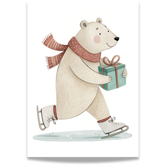 små julevenner – isbjørn på skøyter med grønn pakke
