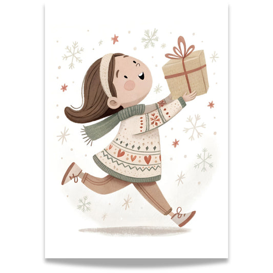 små julevenner – jente i julegenser løper med gave