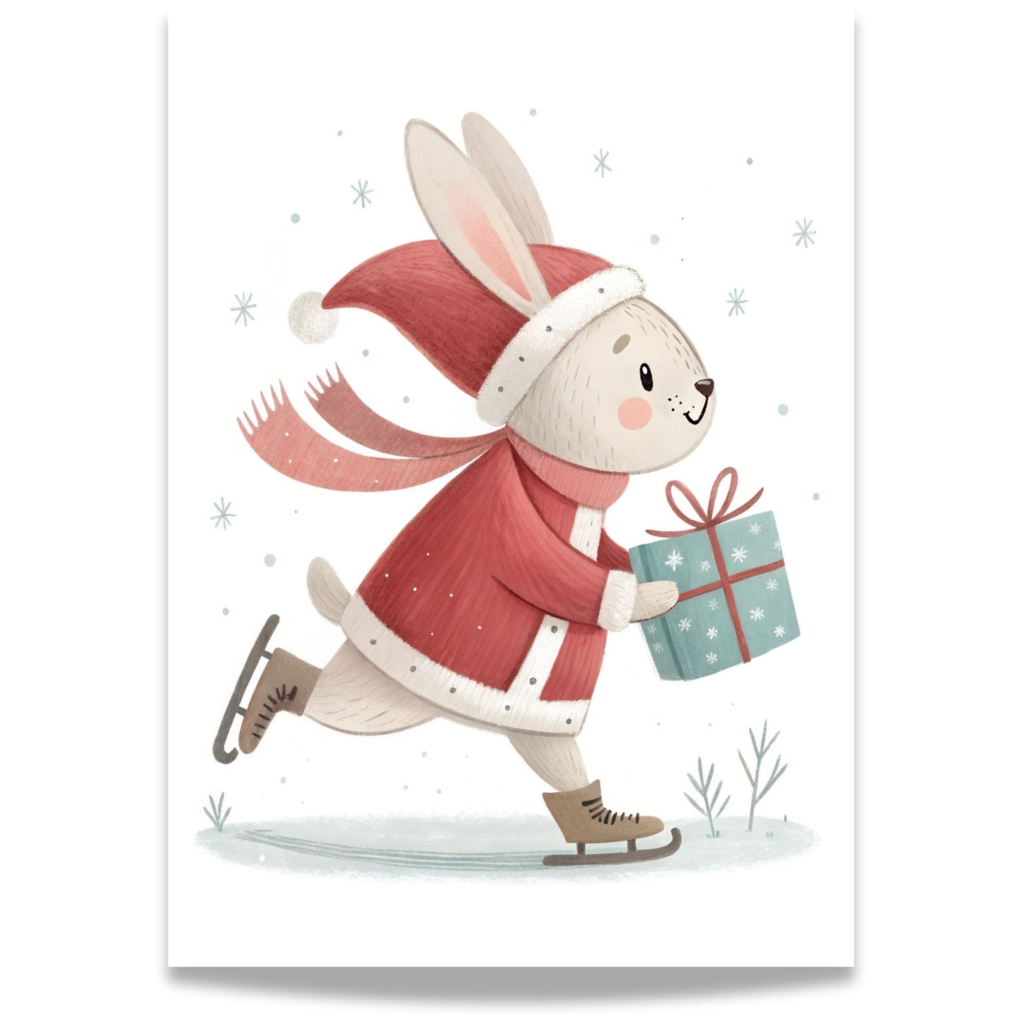 små julevenner – hare på skøyter i nissedrakt med gave