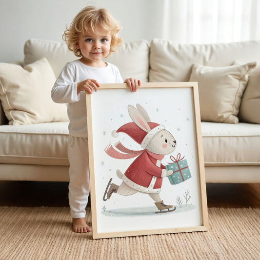 små julevenner – hare på skøyter i nissedrakt med gave. illustrasjon viser et barn som holder plakaten i eik ramme.