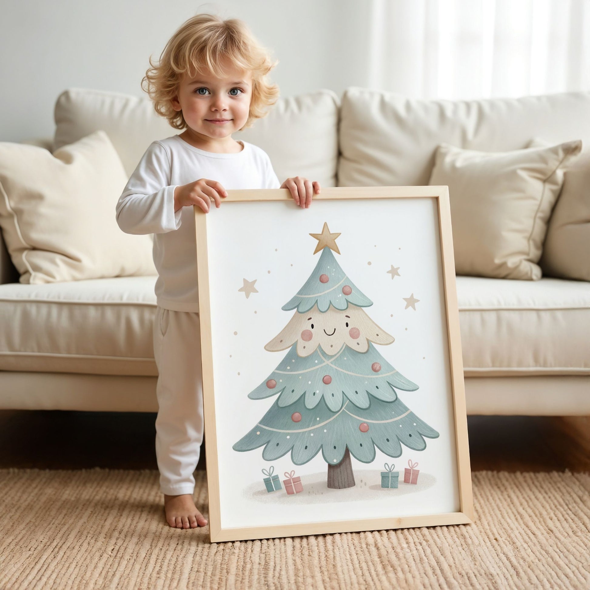 små julevenner – juletre med gaver under. illustrasjon viser et barn som holder plakat i eik ramme