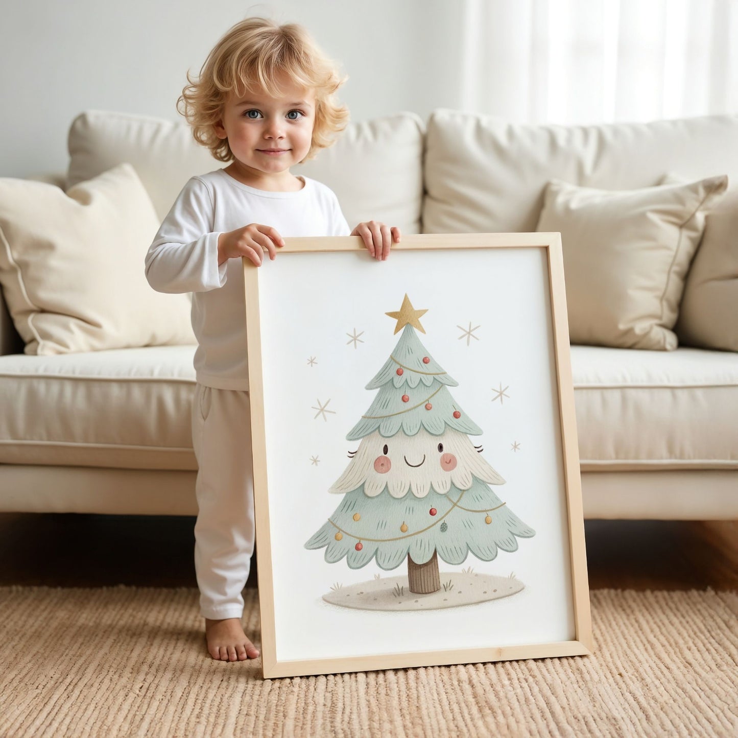 små julevenner – juletre med stjerne og julekuler. illustrasjon viser et barn som holder plakat i eik ramme