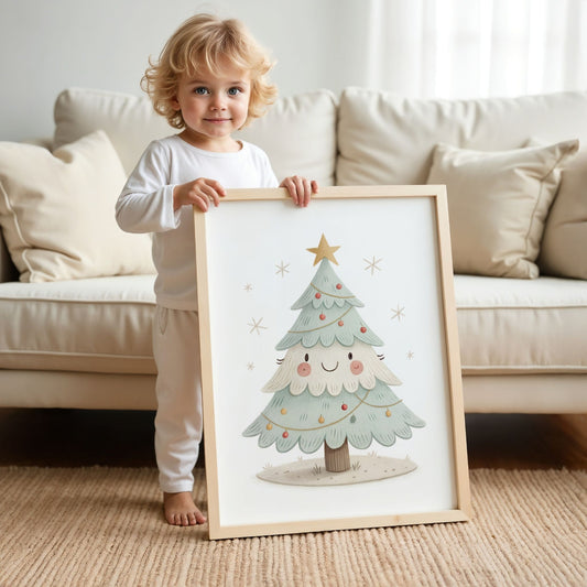 små julevenner – juletre med stjerne og julekuler. illustrasjon viser et barn som holder plakat i eik ramme