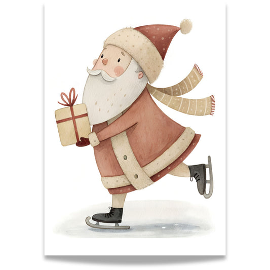 små julevenner – nisse på skøyter i rød frakk med gave
