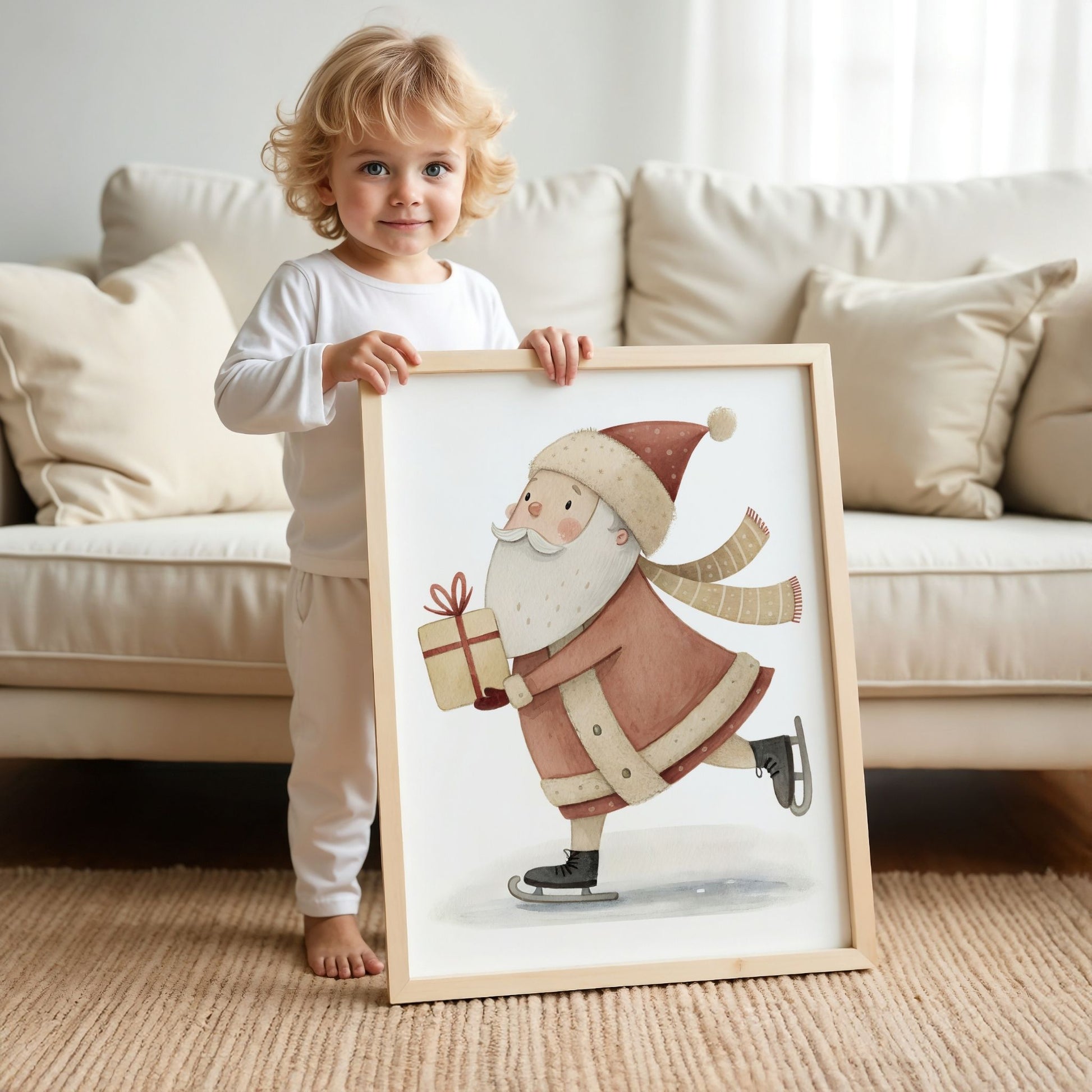 små julevenner – illustrasjon viser en gutt som holder en plakat av en nisse på skøyter i rød frakk med gave i en eik ramme