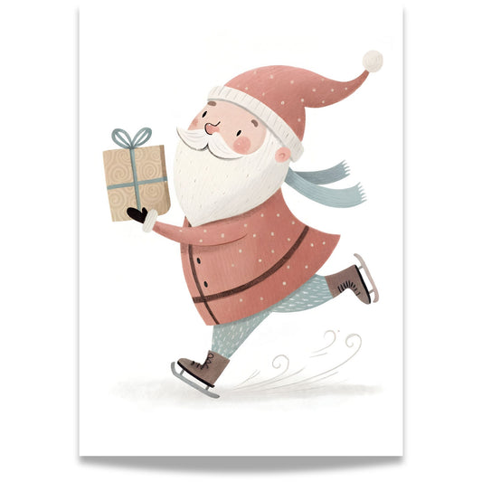 små julevenner – nisse i rosa frakk med blått skjerf og gave