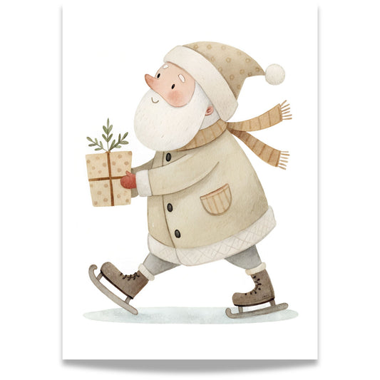 små julevenner – nisse på skøyter med gave