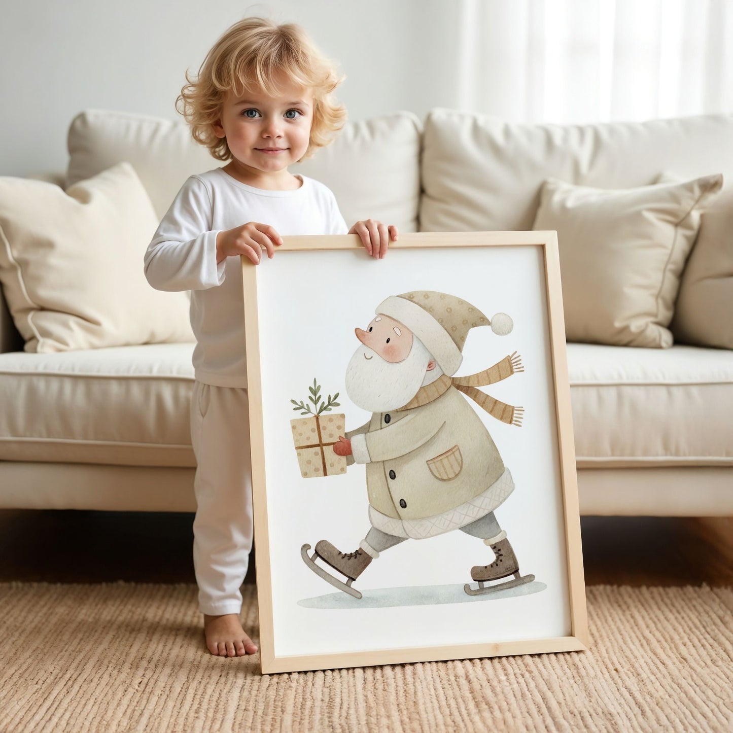 små julevenner – nisse på skøyter med gave. illustrasjon viser et barn som holder plakat i eik ramme.