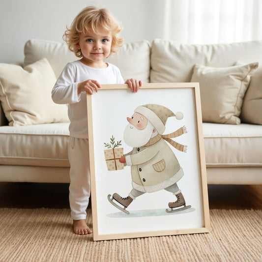 små julevenner – nisse på skøyter med gave. illustrasjon viser et barn som holder plakat i eik ramme.