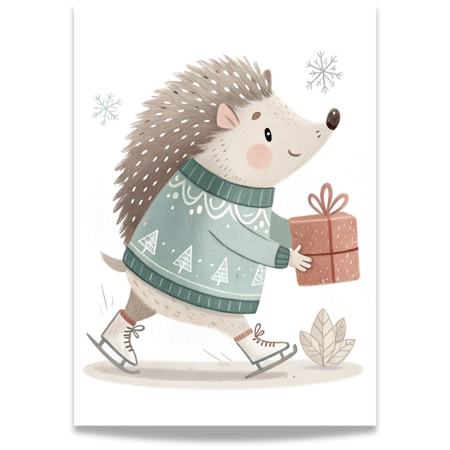 små julevenner – pinnsvin på skøyter med gave